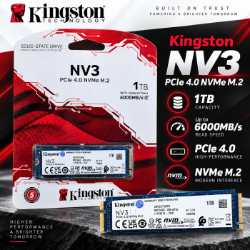 Kingston NV3 1TB PCIe 4.0 NVMe M.2 SSD 6000MB/s Internal Storage Kingston NV3 1TB PCIe 4.0 NVMe M.2 SSD 6000MB/s Internal Storage
