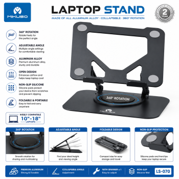 MIKUSO LS-070 360° Rotating Aluminum Laptop Stand (10–18")