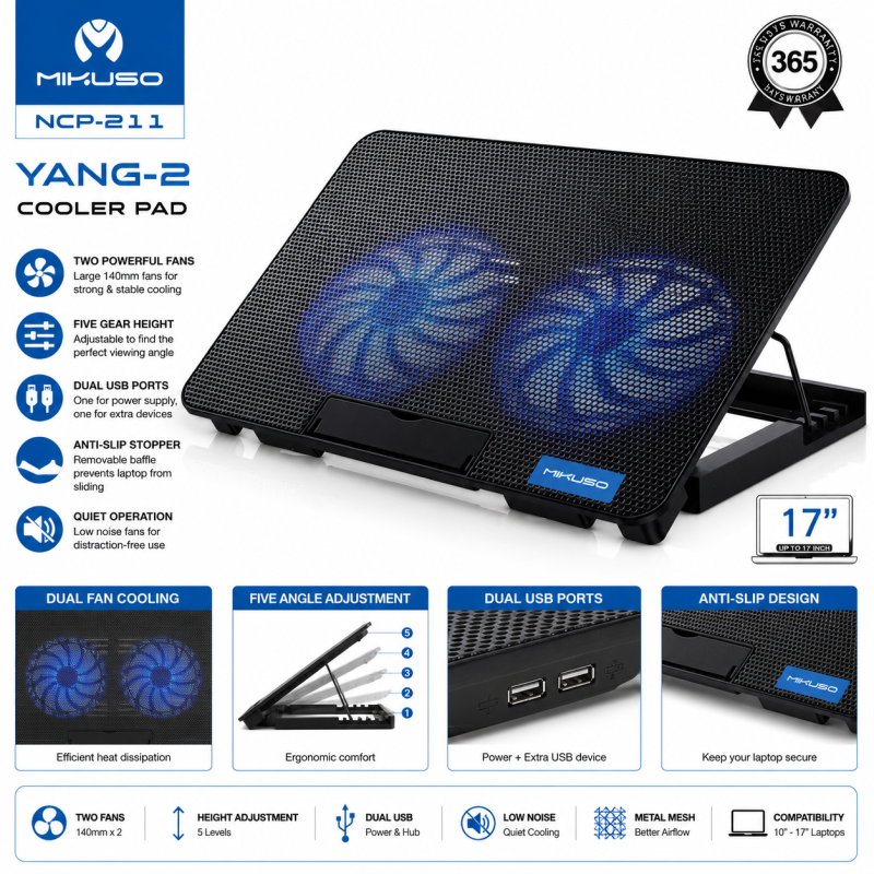 MIKUSO NCP-211 YANG-2 Dual Fan Laptop Cooling Pad for Up to 17" Laptops