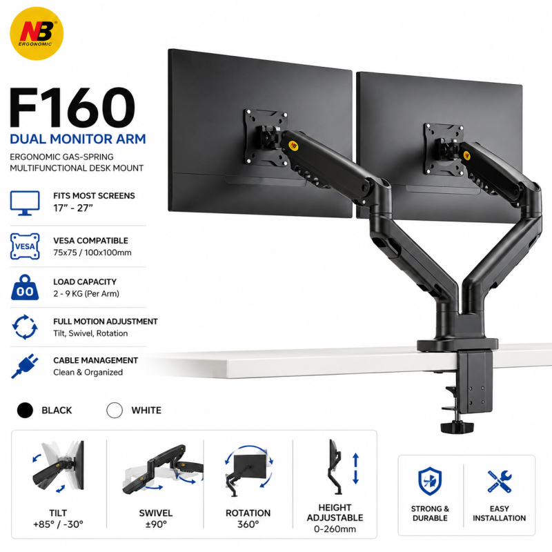 NB Ergonomic F160 Dual Monitor Arm Gas Spring Desk Mount (17–27") – Black
