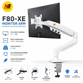 NB Ergonomic F80-XE Single Monitor Arm Gas Spring Desk Mount (17–32") – White