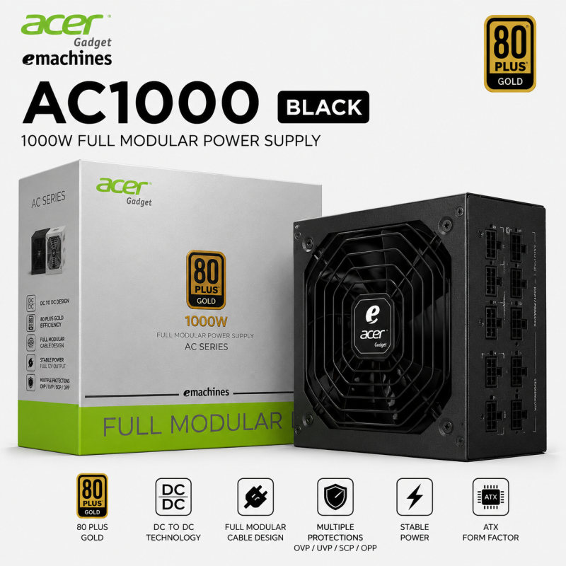 Acer Gadget emachines AC1000 Black 1000W 80 Plus Gold Full Modular Power Supply