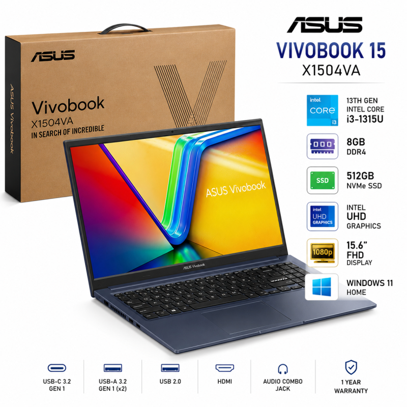ASUS Vivobook 15 X1504VA Intel® Core™ i3-1315U 8GB RAM 512GB SSD 15.6" FHD Laptop