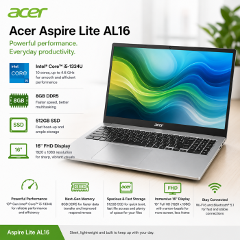 Laptop Acer Aspire Lite AL16 Intel® Core™ i5-1334U 8GB DDR5 512GB SSD 16" FHD