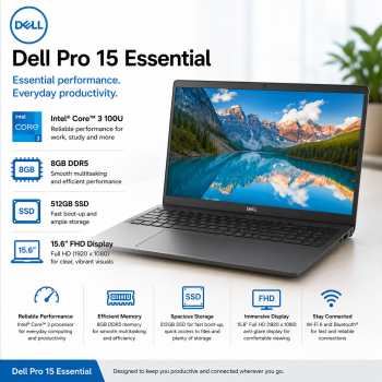 Laptop Dell Pro 15 Essential Intel® Core™ 3 100U 8GB DDR5 512GB SSD 15.6" FHD