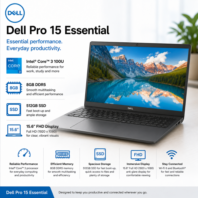 Laptop Dell Pro 15 Essential AMD Ryzen™ 5 7520U 8GB DDR5 512GB SSD 15.6" FHD Laptop Dell Pro 15 Essential AMD Ryzen™ 5 7520U 8GB DDR5 512GB SSD 15.6" FHD