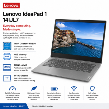 Lenovo IdeaPad 1 14IJL7 Intel Celeron N4500 4GB 128GB eMMC 14" HD Laptop Lenovo IdeaPad 1 14IJL7 Intel Celeron N4500 4GB 128GB eMMC 14" HD Laptop