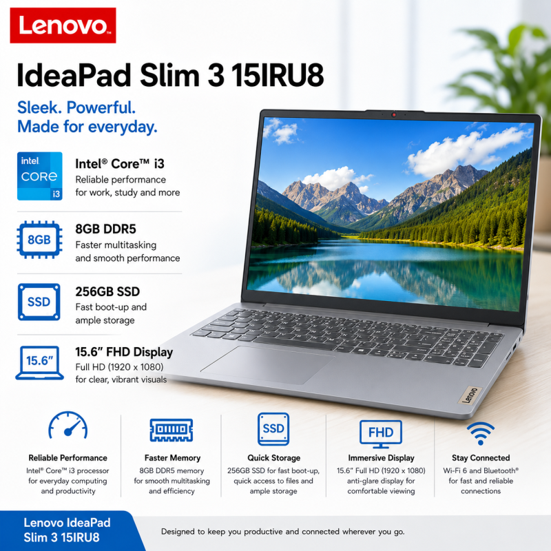 Laptop Lenovo IdeaPad Slim 3 15IRU8 Intel® Core™ i3 8GB DDR5 256GB SSD 15.6" FHD