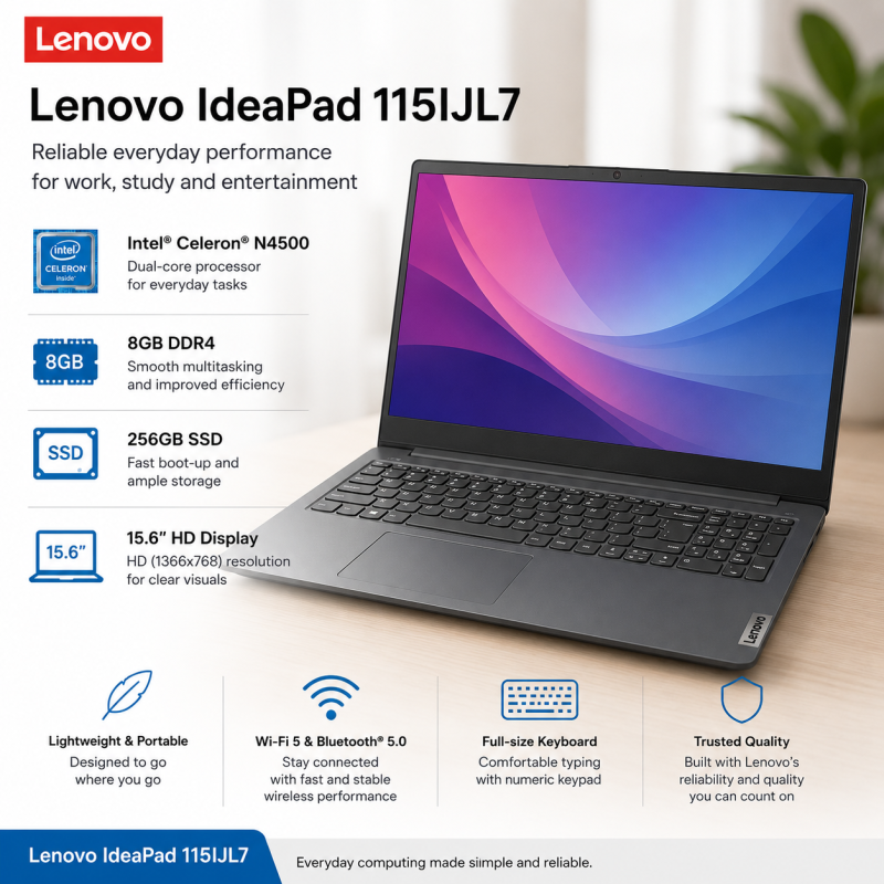 Laptop Lenovo IdeaPad 115IJL7 Intel® Celeron® N4500 8GB DDR4 256GB SSD 15.6" HD (1366x768)
