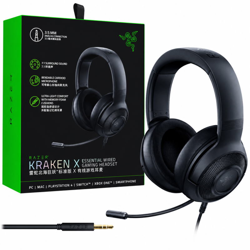 Razer Kraken X Essential Wired Gaming Headset with 7.1 Surround Sound for PC, PlayStation, Xbox, Switch & Mobile